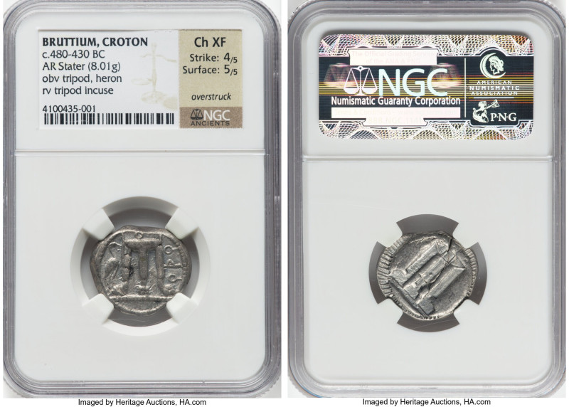 BRUTTIUM. Croton. Ca. 480-430 BC. AR stater (21mm, 8.01 gm, 2h). NGC Choice XF 4...