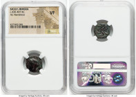 SICILY. Himera. Ca. 430-407 BC. AE hemilitron (16mm, 4h). NGC VF. IME, head of nymph left, hair bound in ampyx and sphendone, six pellets before / Six...
