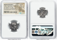 C. Minucius Augurinus (ca. 135 BC). AR denarius (18mm, 3.77 gm, 7h). NGC Choice Fine 5/5 - 3/5, edge cut. Rome. Head of Roma right, wearing winged hel...