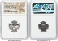 Q. Curtius & M. Silanus (ca. 116-115 BC). AR brockage denarius (19mm, 3.88 gm, 12h). NGC Choice VF 3/5 - 3/5. Rome. Q•CVRT, head of Roma right, wearin...