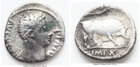 Augustus (27 BC-AD 14). AR denarius (19mm, 3.45 gm, 8h). Fine, tooled. Lugdunum, ca. 15-13 BC. AVGVSTVS-DIVI•F, bare head of Augustus right / IMP•X, b...