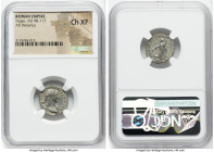 Trajan (AD 98-117). AR denarius (18mm, 6h). NGC Choice XF. Rome, AD 103-111. IMP TRAIANO AVG GER DAC P M TR P, laureate head of Trajan right, with dra...