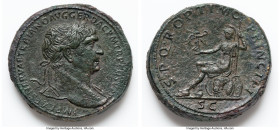 Trajan (AD 98-117). AE sestertius (33mm, 27.79 gm, 6h). VF, tooled. Rome, AD 108-110. IMP CAES NERVAE TRAIANO AVG GER DAC P M TR P COS V P P, laureate...