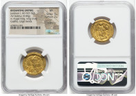 Justinian I the Great (AD 527-565). AV solidus (21mm, 4.44 gm, 5h). NGC VF 5/5 - 2/5, ex-jewelry, graffito, edge bends. Constantinople, 7th officina, ...