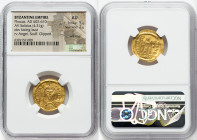 Phocas (AD 602-610). AV solidus (20mm, 4.31 gm, 7h). NGC AU 5/5 - 2/5, wrinkled, scuff, clipped. Constantinople, 5th officina, AD 607-609. d N FOCAS-P...