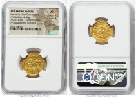 Heraclius (AD 610-641), with Heraclius Constantine. AV solidus (21mm, 4.48 gm, 7h). NGC MS 4/5 - 3/5, brushed. Constantinople, 10th officina, ca. AD 6...