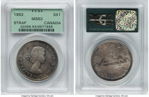 Elizabeth II 4-Piece Lot of Certified Assorted Dollars, 1) "With (Strap) Shoulder Fold" Dollar 1953 - MS63 PCGS 2) "With (Strap) Shoulder Fold" Dollar...