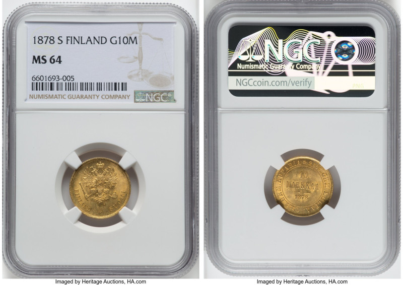 Russian Duchy. Alexander II gold 10 Markkaa 1878-S MS64 NGC, Helsinki mint, KM8....