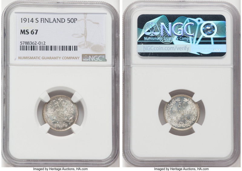 Russian Duchy. Nicholas II 50 Pennia 1914-S MS67 NGC, Helsinki mint, KM2.2. HID0...