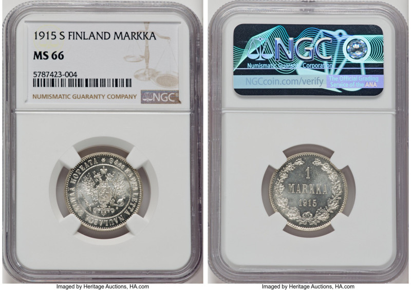 Russian Duchy. Nicholas II Markka 1915-S MS66 NGC, Helsinki mint, KM3.2. HID0980...