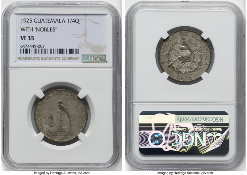 Republic gold 1/4 Quetzal 1925-(P) VF35 NGC, Philadelphia mint, KM240. With Nobl...