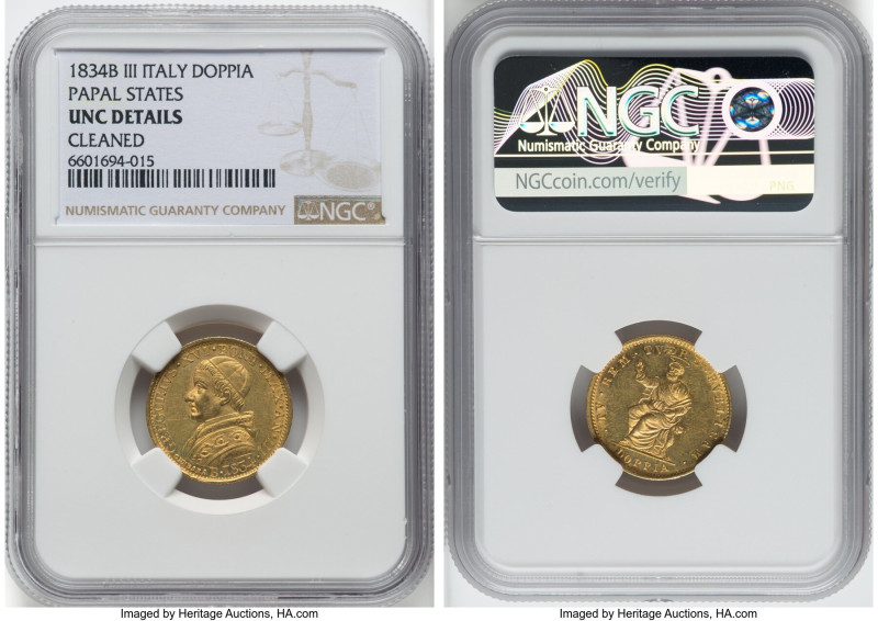 Papal States. Gregory XVI gold Doppia Anno III (1834)-B UNC Details (Cleaned) NG...