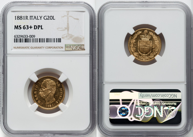 Umberto I gold 20 Lire 1881-R MS63+ Deep Prooflike NGC, Rome mint, KM21, Fr-21. ...