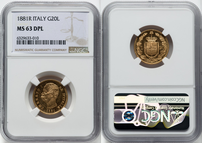 Umberto I gold 20 Lire 1881-R MS63 Deep Prooflike NGC, Rome mint, KM21, Fr-21. H...