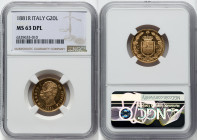 Umberto I gold 20 Lire 1881-R MS63 Deep Prooflike NGC, Rome mint, KM21, Fr-21. HID09801242017 © 2022 Heritage Auctions | All Rights Reserved