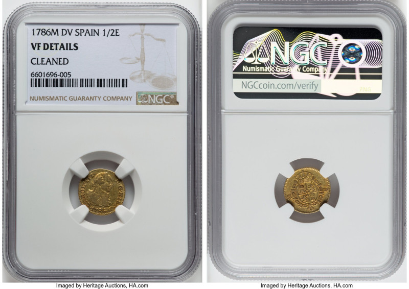 Charles III gold 1/2 Escudo 1786 M-DV VF Details (Cleaned) NGC, Madrid mint, KM4...