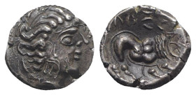Celtic. Southern Gaul. Insubres, 2nd century BC. AR Drachm (14mm, 3.51g, 1h). Imitating Massalia. Wreathed head of female r. R/ Lion standing r. CCCBM...
