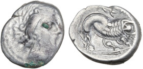 Celtic, Southern Gaul. Insubres, 1st century BC. AR Tetrobol (16mm, 3.02g). Imitating Massalia. Head of nymph r. R/ Lion standing r. CCCBM II 10-6. VF