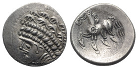 Celtic. Central Europe, Noricum, 2nd century BC. AR Tetradrachm (25mm, 11.15g, 11h). Samobor A type. Wreathed, diademed and beardless head l. R/ Horse...
