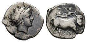 Southern Campania, Neapolis, c. 320-300 BC. AR Didrachm (21mm, 7.25g). Head of nymph r.; uncertain symbol behind. R/ Man-headed bull walking r.; above...