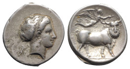 Southern Campania, Neapolis, 300-275 BC. AR Didrachm (23mm, 7.29g, 12h). Head of nymph r.; behind, Artemis running r. R/ Man-headed bull walking r.; a...