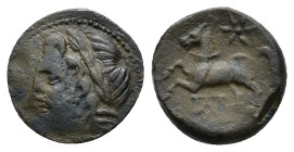 Northern Apulia, Arpi, c. 325-275 BC. Æ (15mm, 3.17g). Laureate head of Zeus l. R/ Horse rearing l.; star above, monogram below. HNItaly 644; SNG ANS ...