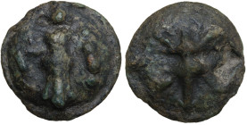 Northern Apulia, Luceria, c. 217-212 BC. Cast Æ Quatrunx (29mm, 28.49g). Thunderbolt on a raised disk. R/ Club; four pellets to r.; all on a raised di...