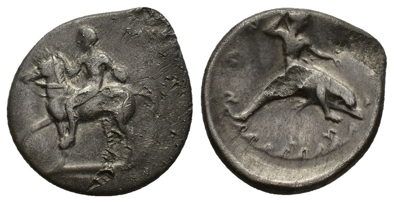 Southern Apulia, Tarentum, c. 405-400 BC. AR Nomos (24mm, 7.71g). Warrior on hor...