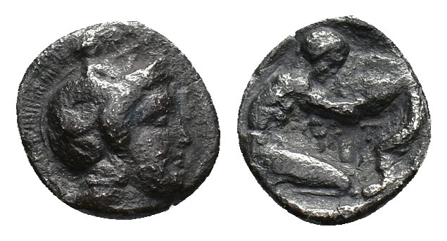 Southern Apulia, Tarentum, c. 380-325 BC. AR Diobol (10mm, 0.94g). Head of Athen...