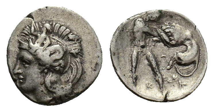 Southern Apulia, Tarentum, c. 380-325 BC. AR Diobol (12.5mm, 1.18g). Helmeted he...