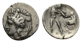 Southern Apulia, Tarentum, c. 380-325 BC. AR Diobol (12.5mm, 1.18g). Helmeted head of Athena l., helmet decorated with Skylla. R/ Herakles standing, s...