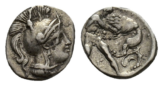 Southern Apulia, Tarentum, c. 325-280 BC. AR Diobol (12.5mm, 1.29g). Head of Ath...