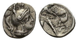 Southern Apulia, Tarentum, c. 325-280 BC. AR Diobol (12.5mm, 1.29g). Head of Athena r., wearing crested Attic helmet. R/ Herakles standing r., strangl...