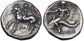 Southern Apulia, Tarentum, c. 280-272 BC. AR Nomos (20mm, 6.31g). Nude youth on horse stepping l., crowning it with wreath; cornucopia to r. R/ Phalan...