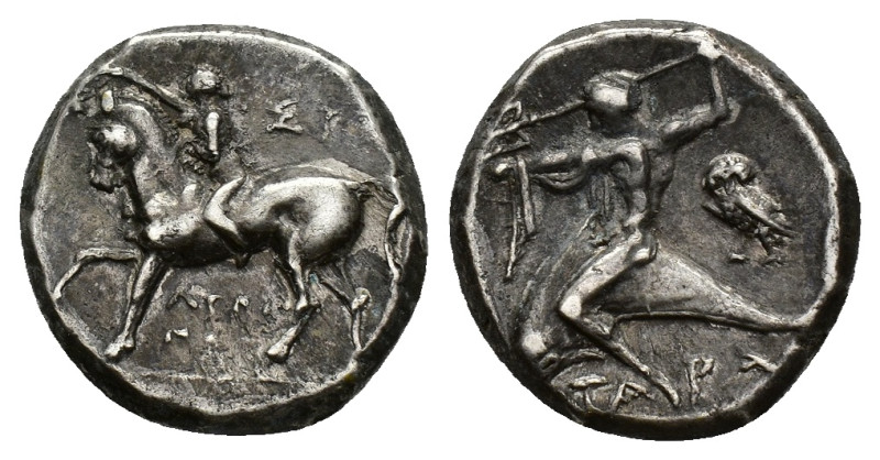 Southern Apulia, Tarentum, c. 272-240 BC. AR Nomos (19mm, 6.45g). Nude youth cro...
