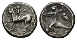 Southern Apulia, Tarentum, c. 272-240 BC. AR Nomos (19mm, 6.45g). Nude youth crowning horse he rides l. R/ Phalanthos, preparing to throw trident l., ...