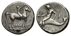 Southern Apulia, Tarentum, c. 272-240 BC. AR Nomos (19mm, 6.48g). Youth on horseback r., crowning horse and holding rein; EY to l., ΦI to r.; ZENE-A[....