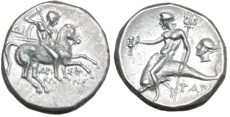 Southern Apulia, Tarentum, c. 272-240 BC. AR Nomos (19mm, 6.42g). Warrior, holdi...