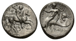 Southern Apulia, Tarentum, c. 272-240 BC. AR Nomos (19mm, 6.06g). Aristokles and Di-, magistrates. Horseman r., holding shield and two spears, prepari...