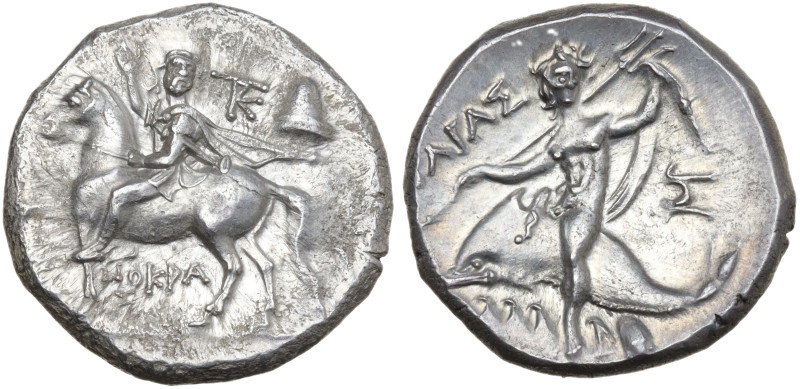 Southern Apulia, Tarentum, c. 240-228 BC. AR Nomos (20mm, 6.55g). Dioskouros, he...