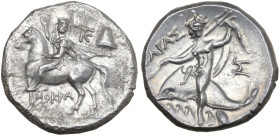 Southern Apulia, Tarentum, c. 240-228 BC. AR Nomos (20mm, 6.55g). Dioskouros, head facing, raising r. hand and holding rein in l., on horse stepping l...