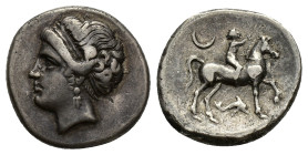 Southern Apulia, Tarentum, Campano-Tarentine series, c. 281-272 BC. AR Didrachm (22mm, 7.18g). Diademed head of nymph l. R/ Youth on horseback r., cro...