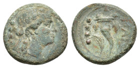 Northern Lucania, Paestum, 218-201 BC. Æ Triens (17.5mm, 5.29g). Female head r. wearing ivy wreath; four pellets to l. R/ Cornucopia; four pellets and...