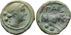Northern Lucania, Paestum, 218-201 BC. Æ Sextans (15mm, 2.84g, 3h). Female head r. R/ Forepart of boar r. Crawford, Paestum 12/1; HNItaly 1218. Green ...