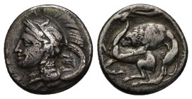 Northern Lucania, Velia, c. 280 BC. AR Didrachm (20mm, 6.94g). Helmeted head of Athena l., helmet decorated with griffin, palmette on neck guard; IE w...
