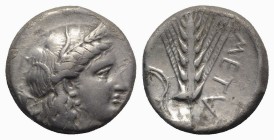 Southern Lucania, Metapontion, c. 290-280 BC. AR Stater (21mm, 7.74g, 2h). Wreathed head of Demeter r.; uncertain symbol behind. R/ Barley ear with le...
