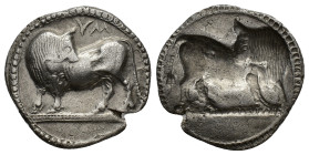 Southern Lucania, Sybaris, c. 550-510 BC. AR Stater (28mm, 7.83g). Bull standing l. on dotted exergual line, looking back. R/ Incuse bull standing r.,...