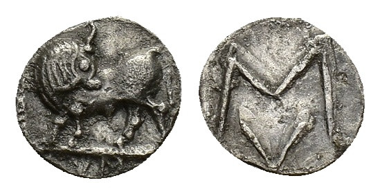 Southern Lucania, Sybaris, c. 550-510 BC. AR Obol (9mm, 0.36g). Bull standing l....