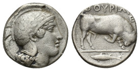Southern Lucania, Thourioi, c. 443-400 BC. AR Stater (20mm, 7.35g). Helmeted head of Athena r., helmet decorated with wreath. R/ Bull butting r.; fish...