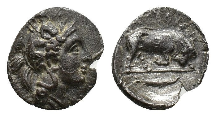 Southern Lucania, Thourioi, c. 400-350 BC. AR Triobol (11mm, 1.17g). Helmeted he...